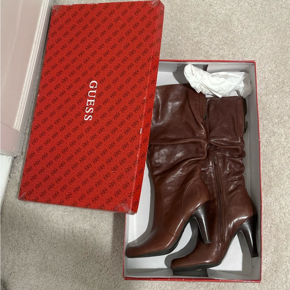 guess brown leather high heel boots
